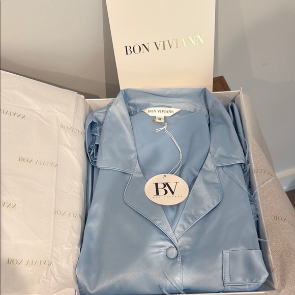 Bon Viviann French Blue “ The Daydreamer” Feather Trim Pajama Set